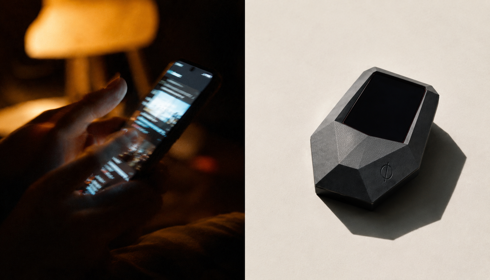 Phone in warm light beside the Cypherframe device on bone
