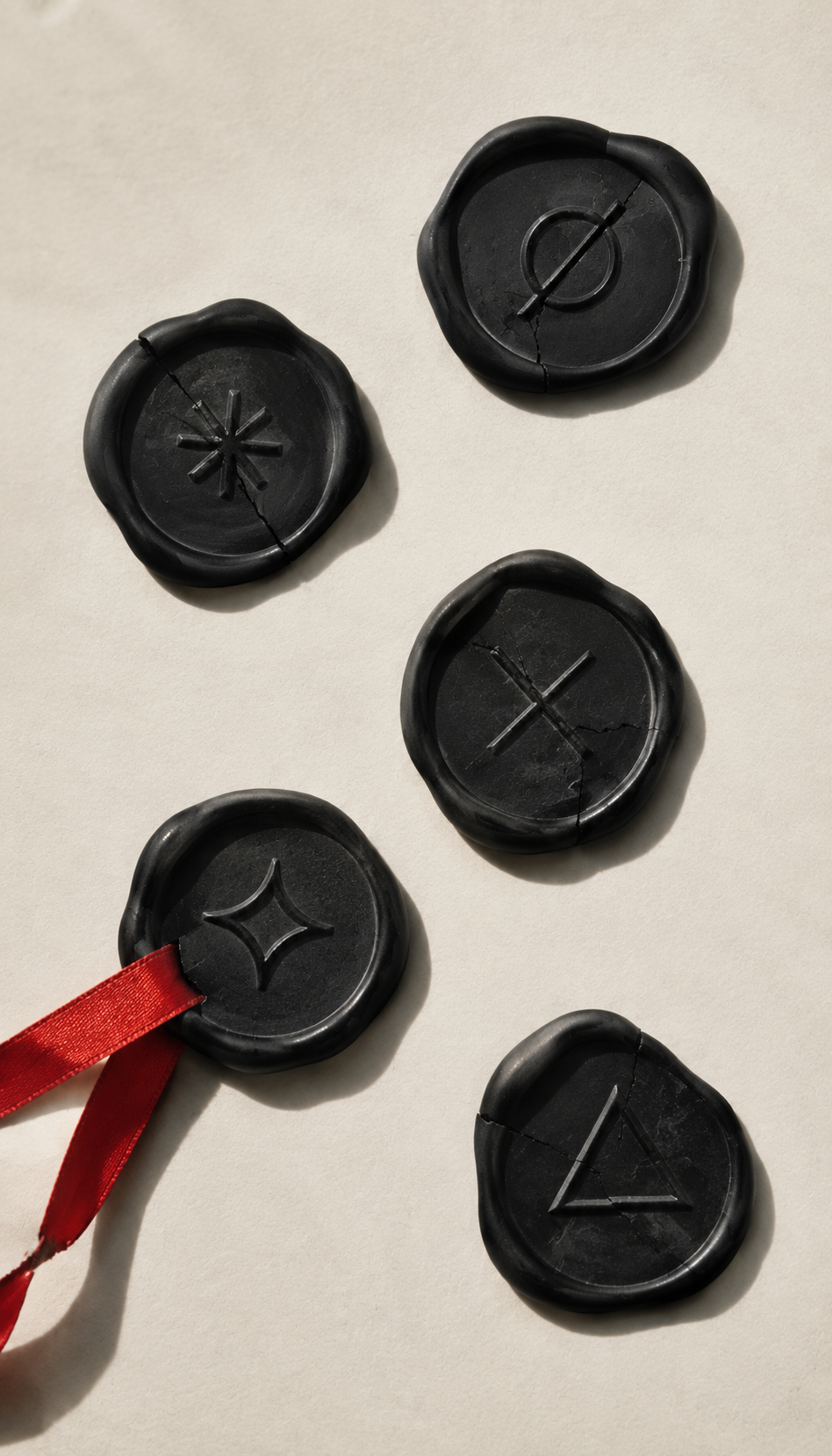 Black wax seals with a red ribbon